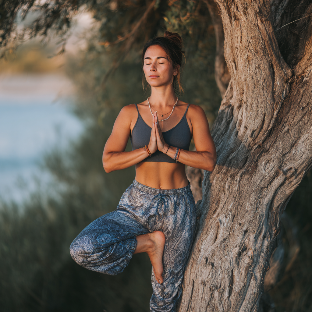 Smiling European woman in her 30s practicing yoga outdoors in morning sunlight, demonstrating a warrior pose with arms raised, wearing comfortable workout clothes, natural lighting, realistic photography style