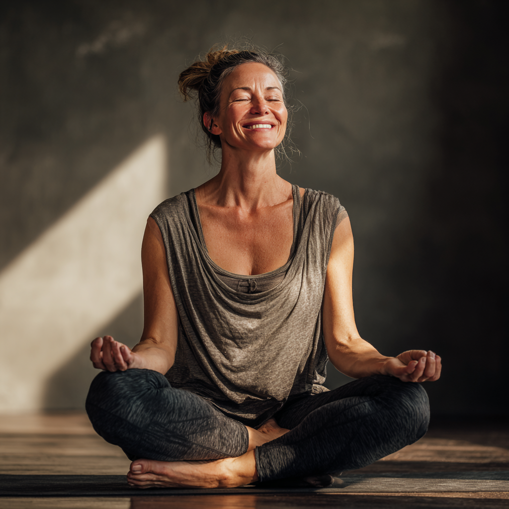Friendly European yoga instructor in her 40s smiling warmly while demonstrating a meditation pose, sitting cross-legged in a peaceful studio setting with natural lighting, wearing comfortable yoga attire, realistic photography style
