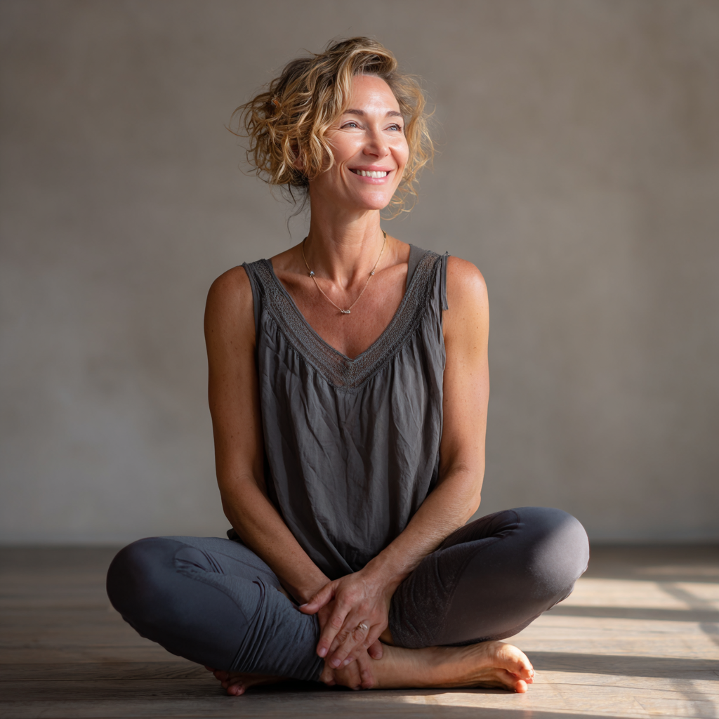 Focused European man in his 30s demonstrating perfect yoga tree pose with deep concentration, eyes closed, in a minimalist studio setting with natural light, wearing simple yoga attire, realistic photography style emphasizing mindfulness and precision
